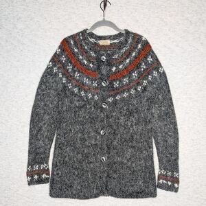 Vintage Hand Knit Alpaca Blend Cardigan Gray Nordic Fair Isle Button Front